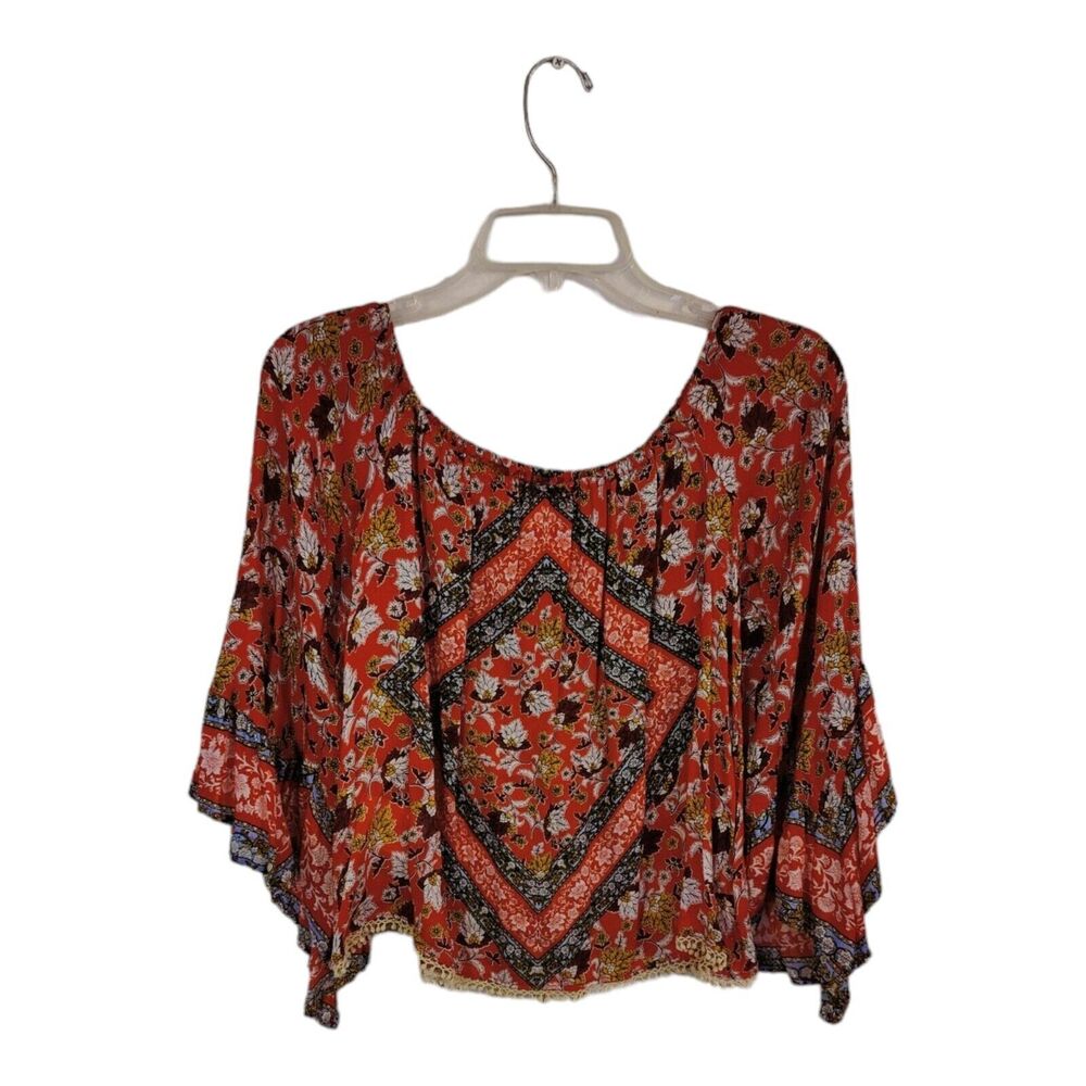 Taylor & Sage Women's Off Shoulder Boho Bell Sleeve Blouse Red/Black Size Small